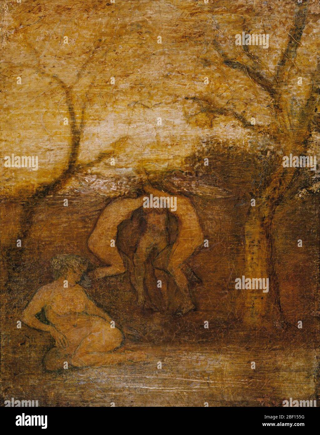 Dancing Dryads. Many American painters in the nineteenth century painted nature as a classical world of dryads, nymphs, and other imaginary creatures. Albert Pinkham Ryder was inspired by a painting by Jean-Baptiste Camille Corot that shows dancing figures in an atmospheric, intimate landscape. Stock Photo