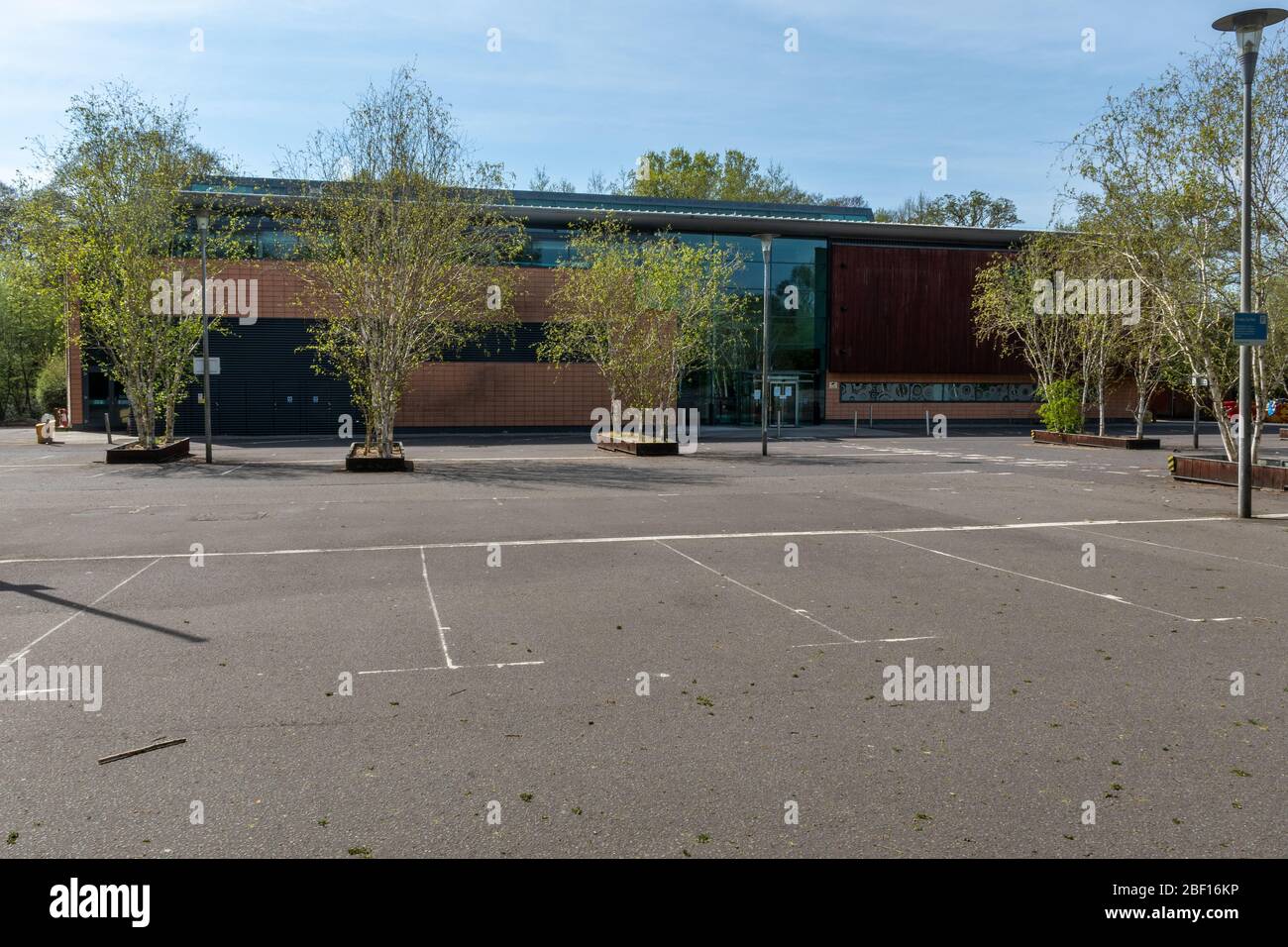 A Nuffield Health Fitness and Wellbeing Club, UK, closed down with an empty car park due to the coronavirus covid-19 pandemic lockdown, 2020 Stock Photo