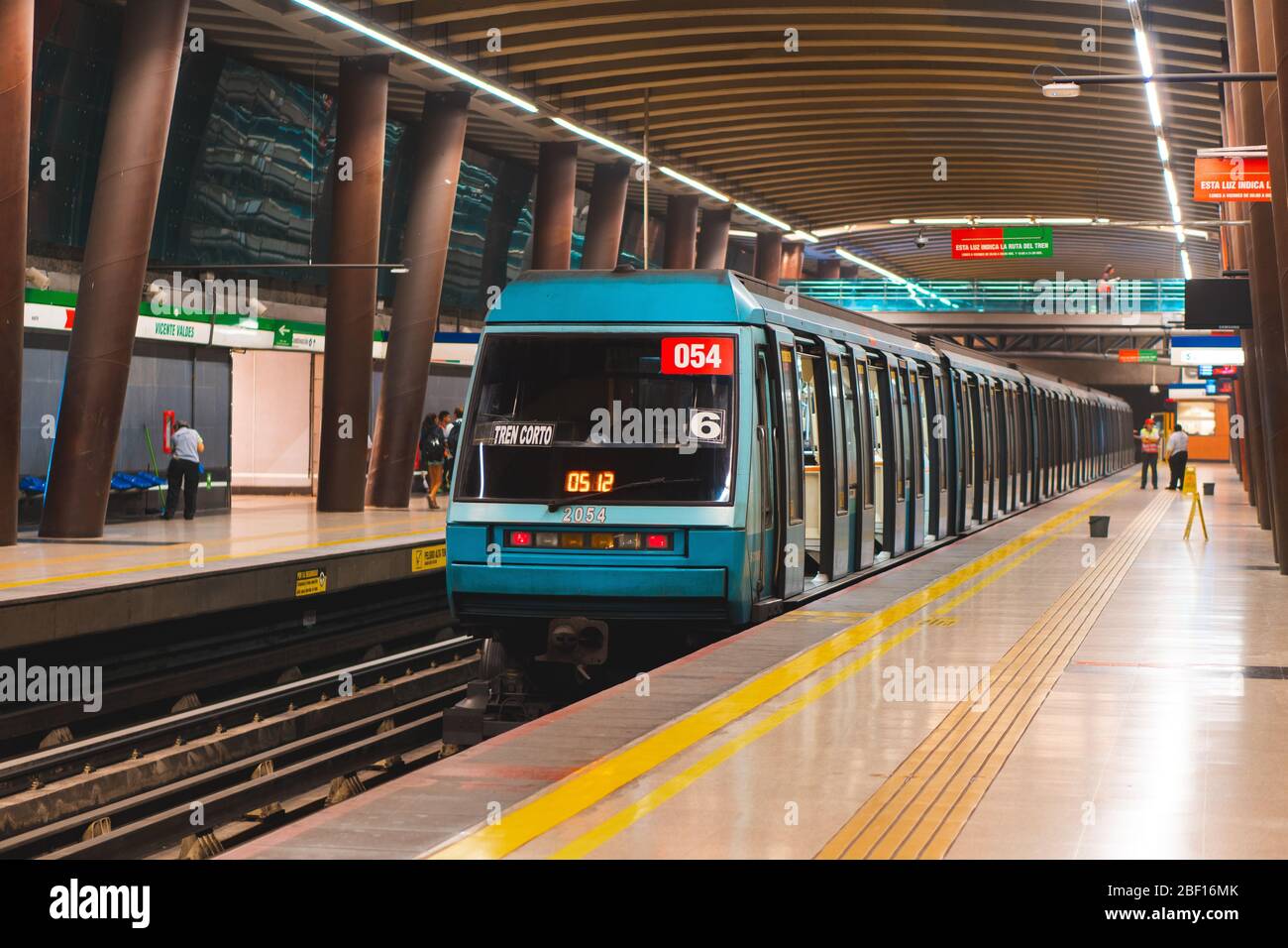 SANTIAGO, CHILE - DECEMBER 2019:  A Metro de Santiago train at Vicente Valdés station of Line 5 Stock Photo