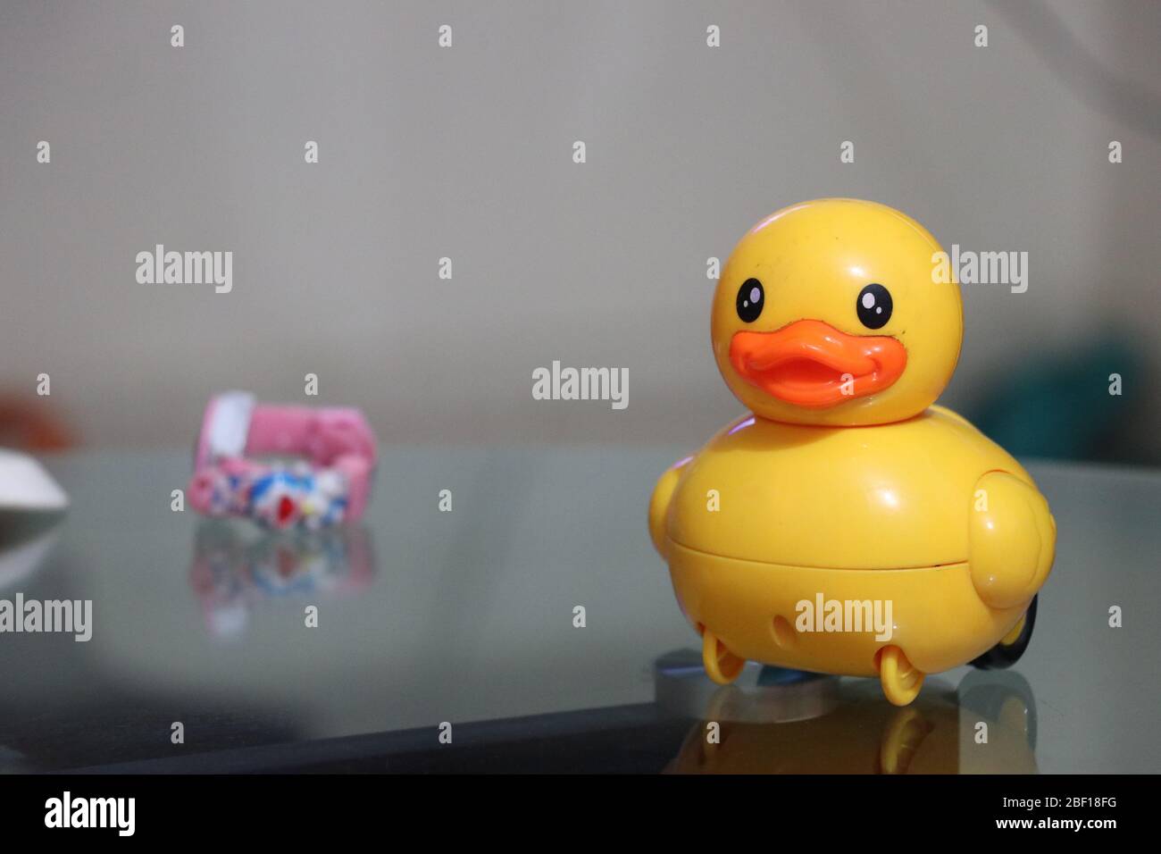 A yellow plastic duck with very soft background ever waiting for swimming. Stock Photo