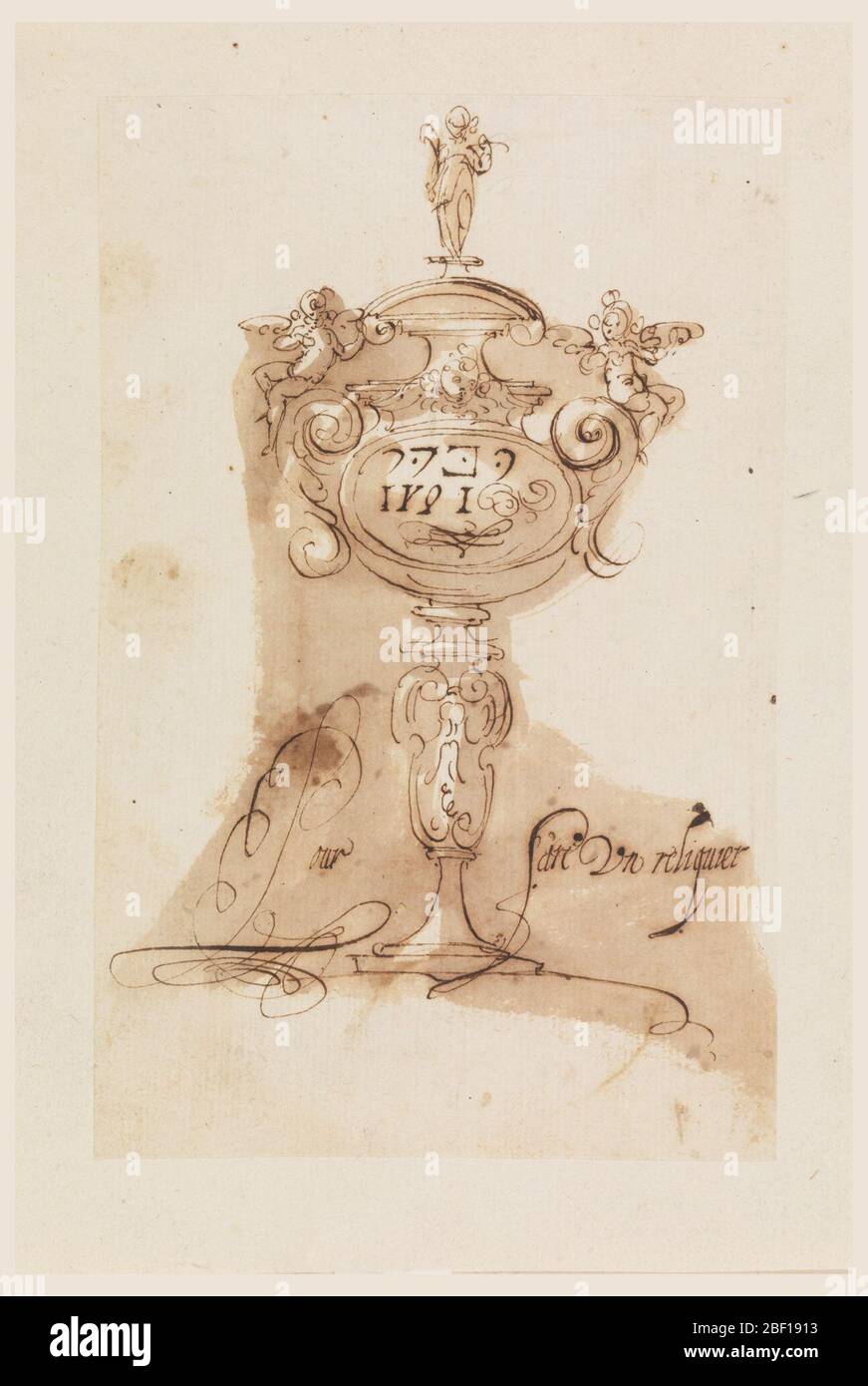 Design for Reliquary. Elevation of a reliquary consisting of a plinth-like foot and baluster shaft surmounted by an oval two-handled body with an arched pediment. Stock Photo