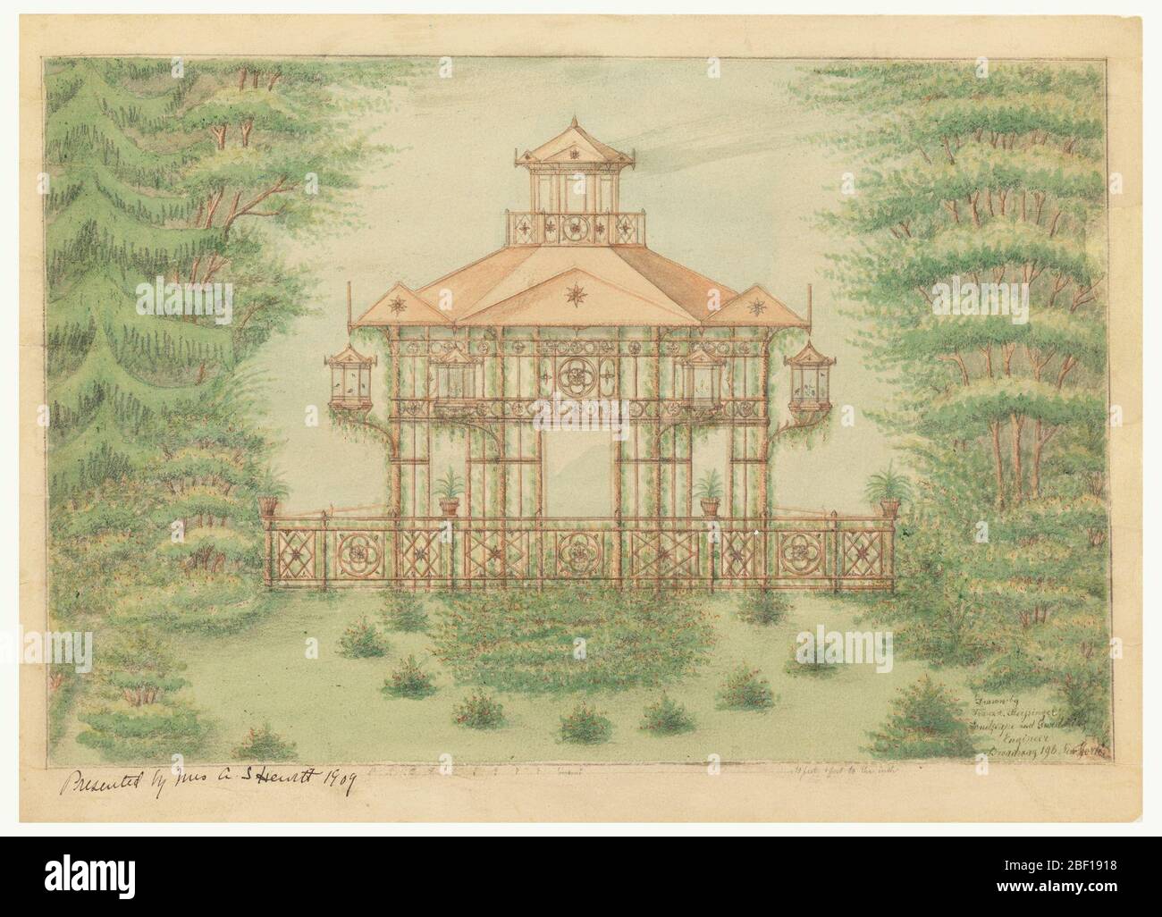 Garden Pavillion. Drawing of large pavilion surrounded by foliage. Hexagonal pavilion comprised of slanted roof supported by columns with circular design decoration and lanterns. Balustrade at base decorated with flower motif. Small level on roof of pavilion. Stock Photo