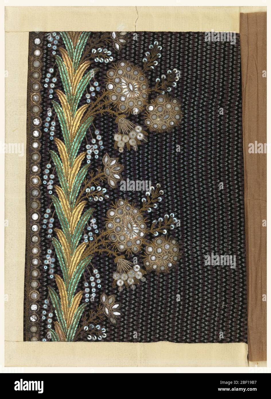 https://c8.alamy.com/comp/2BF19B7/embroidery-sample-floral-design-embroidered-with-silver-and-gold-wire-gold-and-green-and-blue-sequins-foil-and-bits-of-clear-glass-on-a-black-and-purple-ground-of-small-vertical-zigzags-2BF19B7.jpg