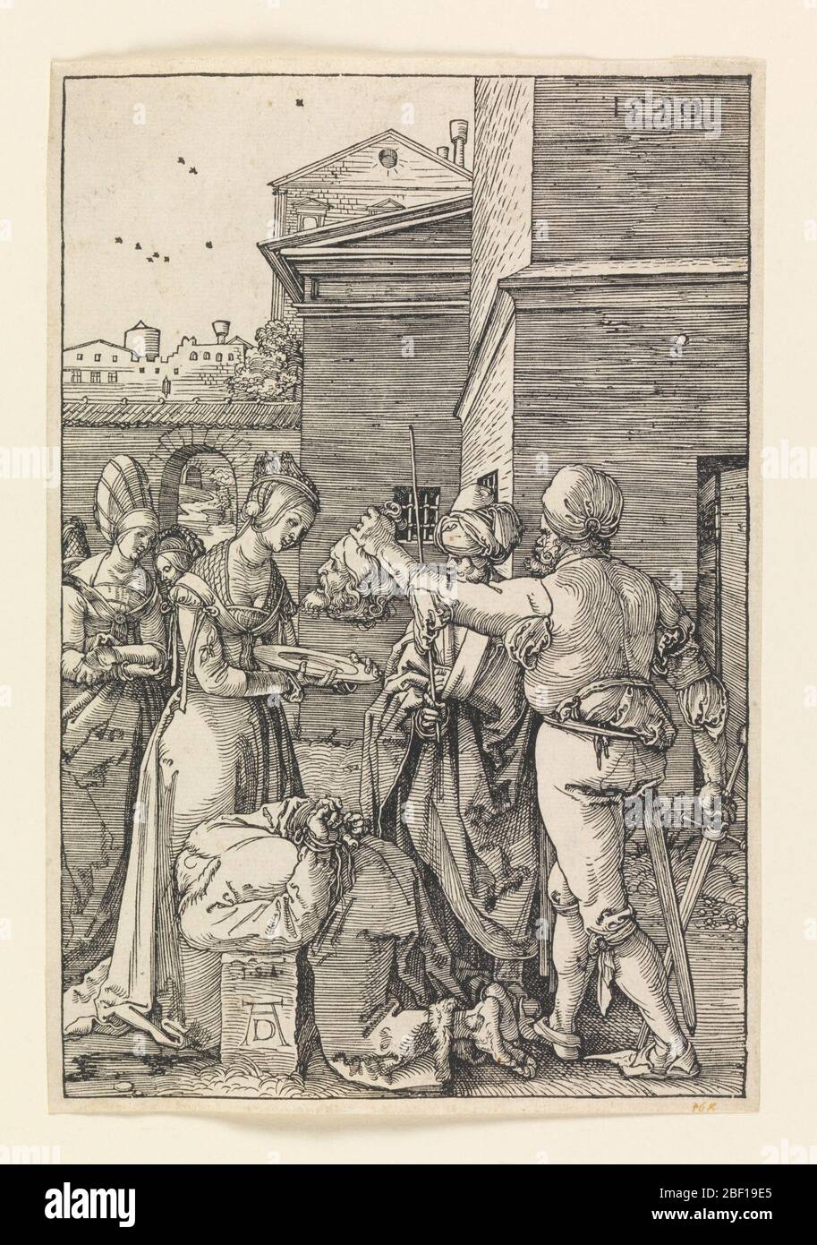 Beheading of John the Baptist. the executioner stands at right holding the head of St. John, which Salome, left, waits to receive on a plate. The body of St. John, kneeling, faces left. Monogram of Durer, lower left. Date, 1510, upper right. Stock Photo