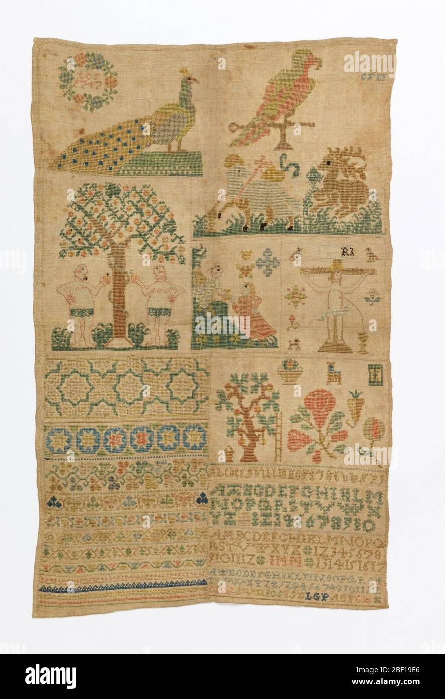 Sampler. Birds, Pascal lamb, St. Hulbert's stag, Adam and Eve, the ...