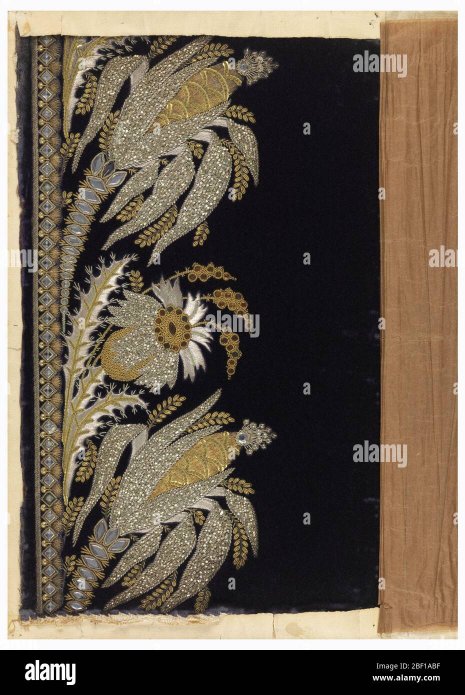 Embroidery sample. Blue cut velvet, embroidered in border design in