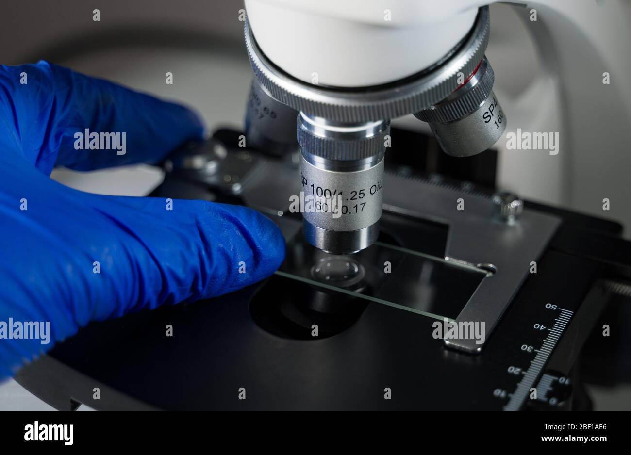 Close-up shot of Laboratory microscope with sample glass Stock Photo ...
