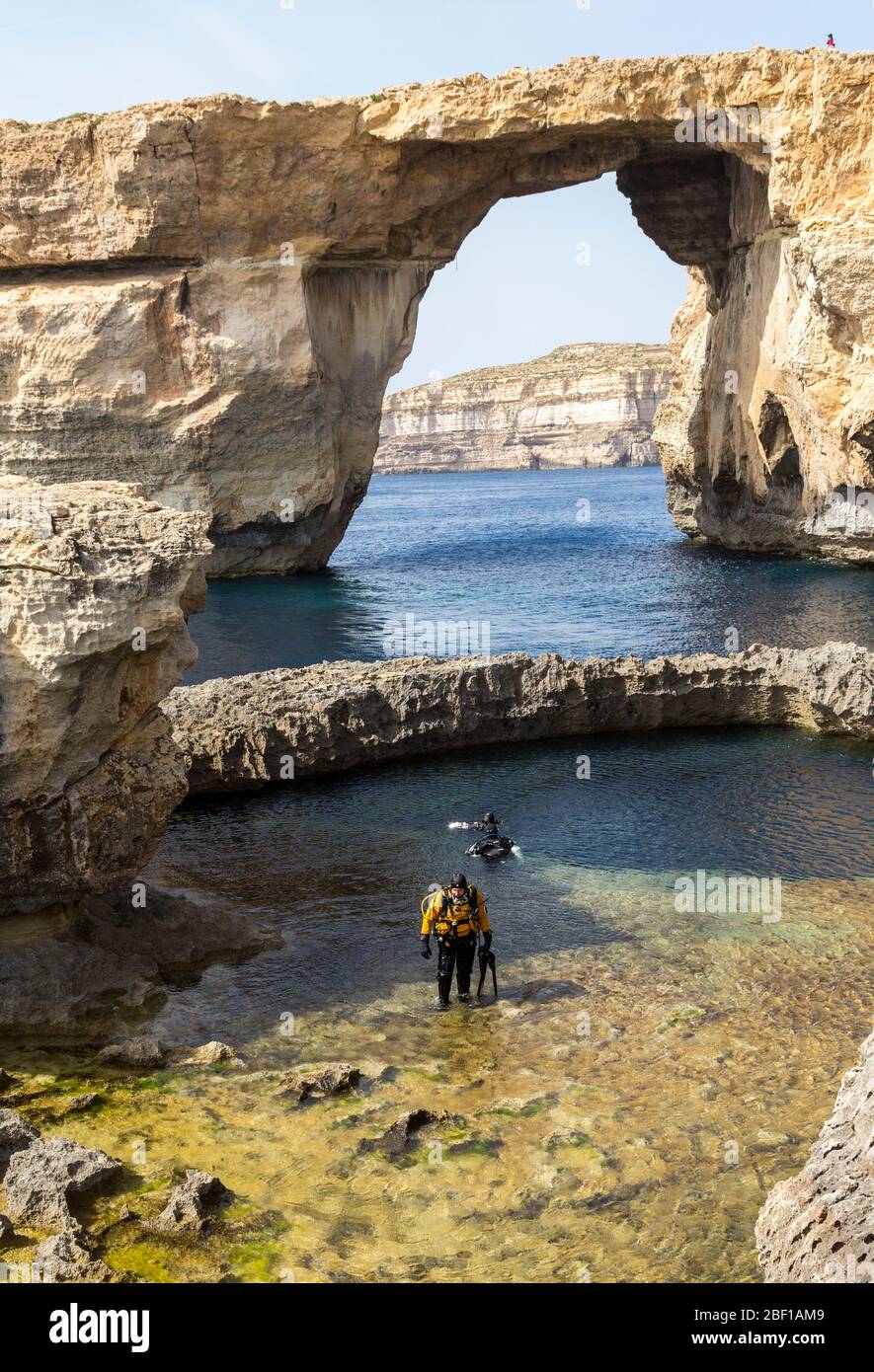 Subaqua divers at the Azure Window, Gozo Stock Photo