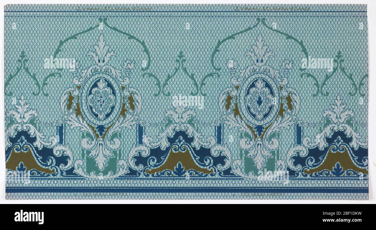 Frieze. Large foliate medallions with small beaded wreaths, connected by floral swag and foliate scrolls. Beading on the bottom. Bead and reel on top. Background is a grid of teal and blue curved dashes and lines. Stock Photo