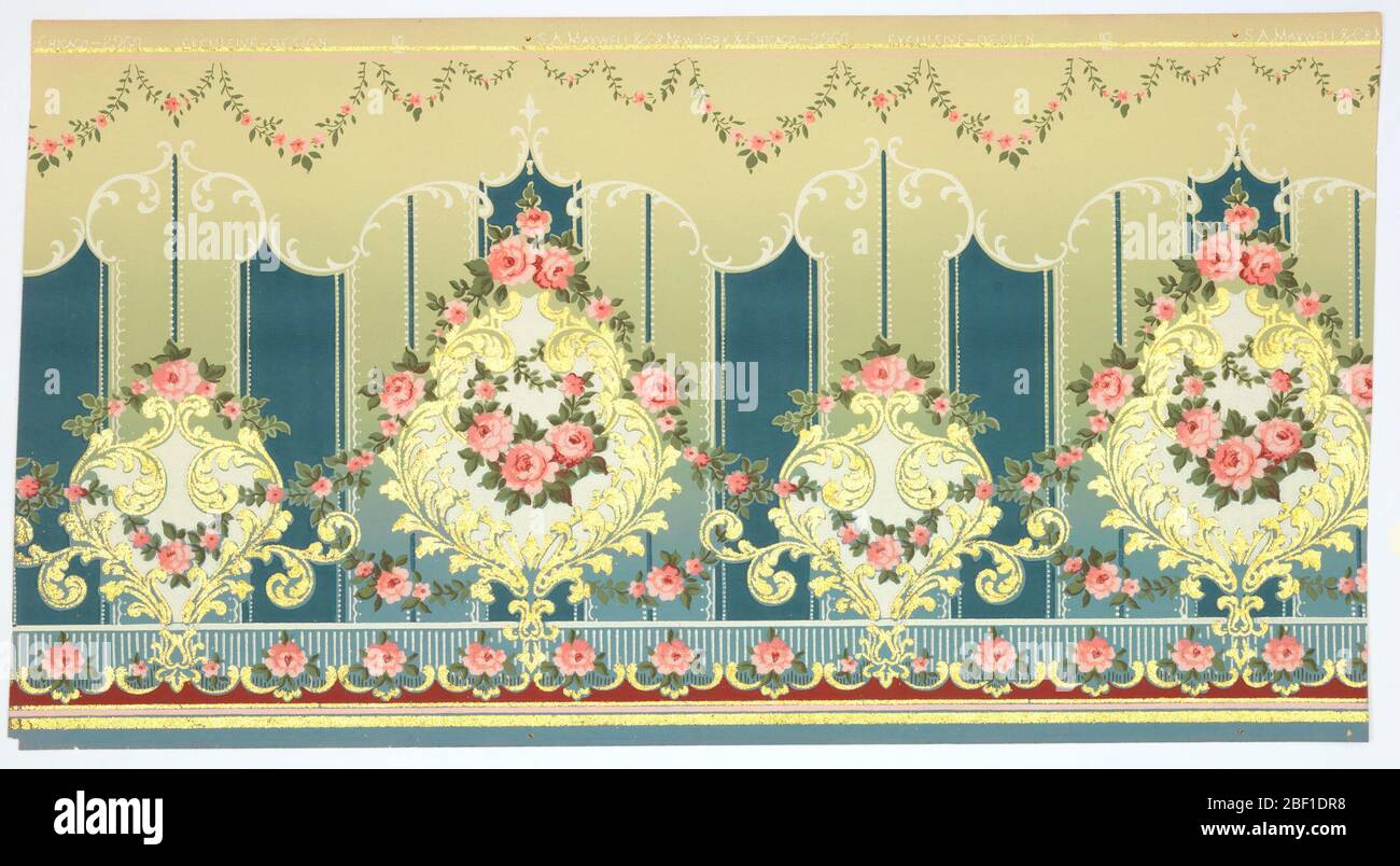 Frieze. Flitter frieze. Alternating large and medium sized foliate medallions connected by and inset with pink rose floral vines. Top has thin pink and gold mica flake lines with hanging floral vines. Stock Photo