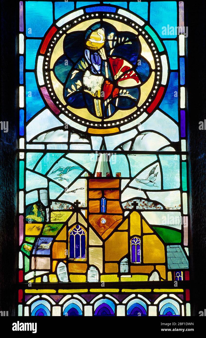 Guernsey. Architecture. St Saviour's church. Stained glass window Stock