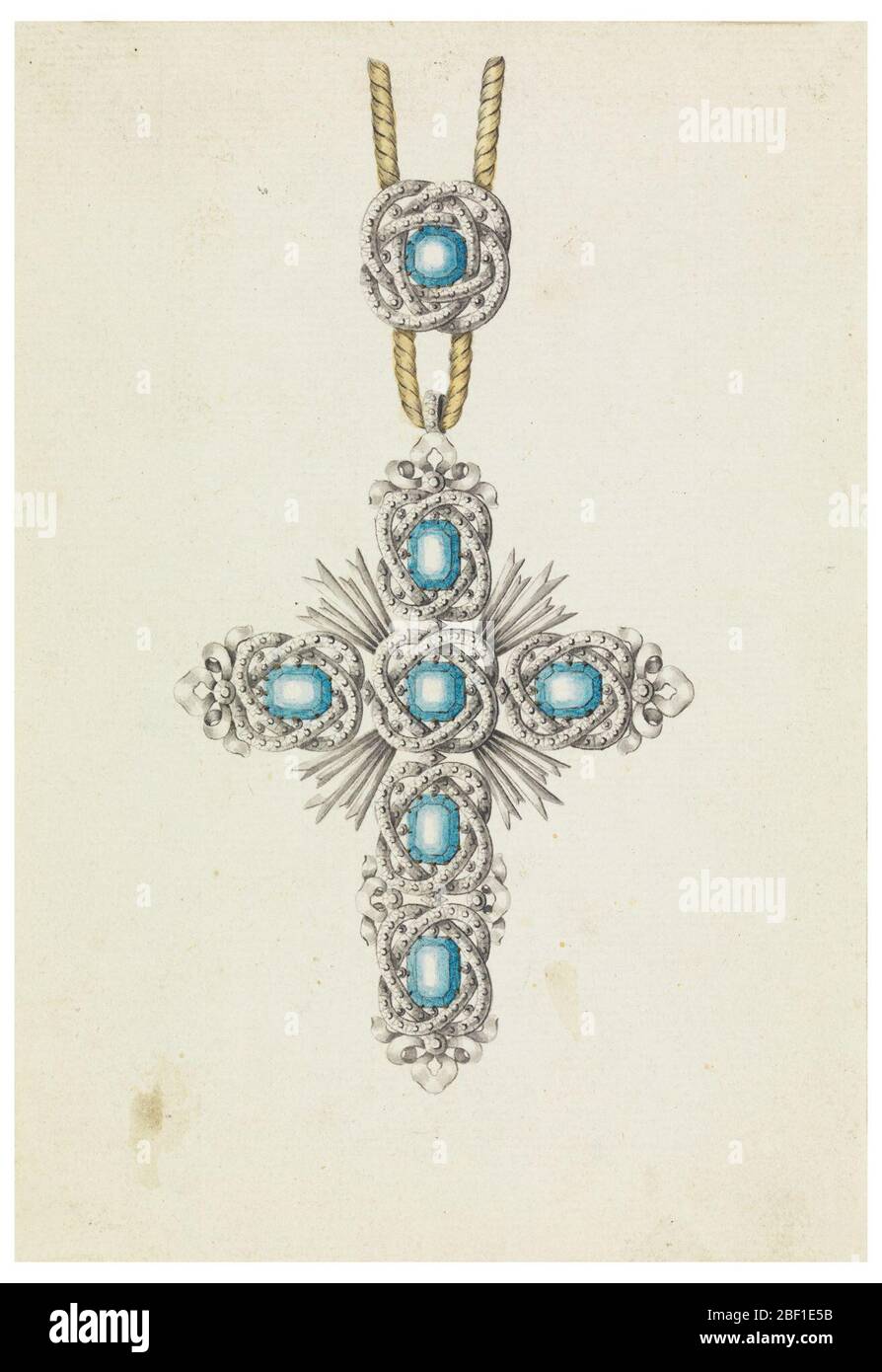 Design for a Cross Pendant. Jewelry design for a pendant in the form of a cross. Hanging from a cord which is fastened by an agraffe (metal clasp); a blue diamond framed by an interlaced band composed of white diamonds. Stock Photo