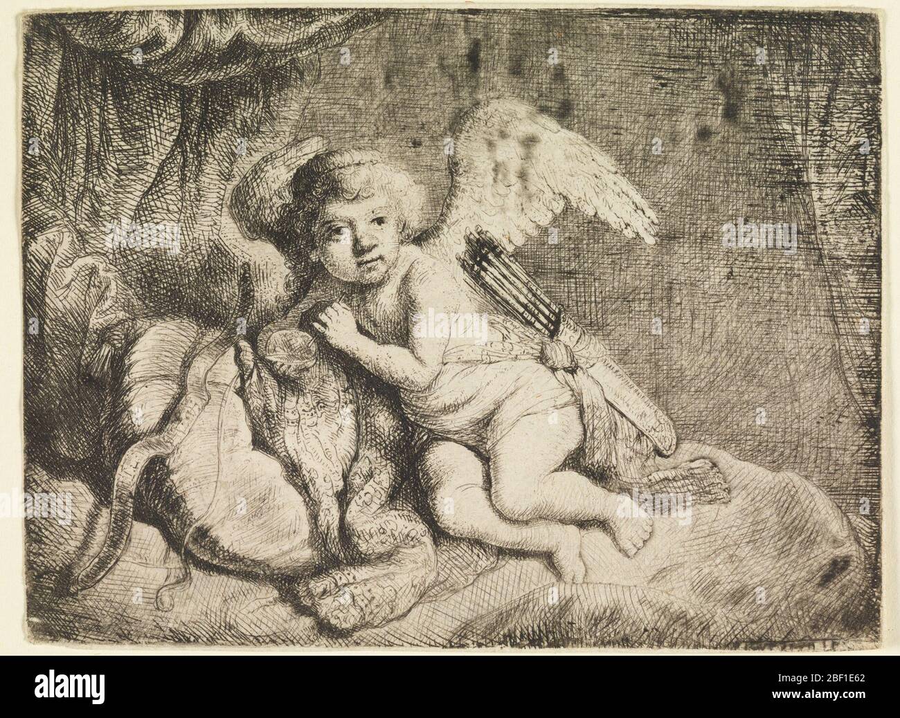 Cupid Resting after a painting formerly attributed to Rembrandt. A winged cupid, his quiver of arrows at his left side, reclines on a couch. His bow at left. After a painting in the Thyssen collection, signed and dated 'Rembrandt 1634.) Neither painting nor print are presently given to Rembrandt. Stock Photo