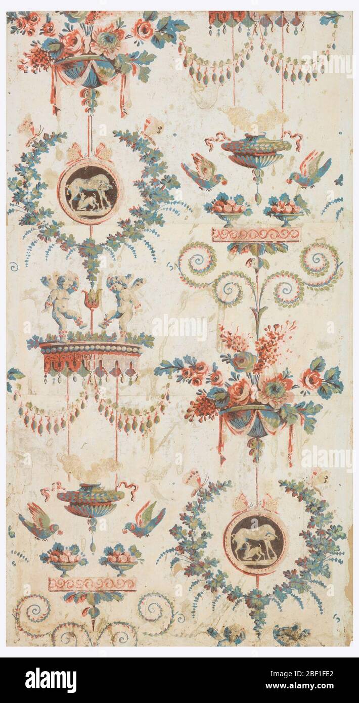 Sidewall. Vertical rectangle composed of three joined sheets giving full width of original paper and all but three inches of drop-repeating design, which repeats twice in one width. Stock Photo