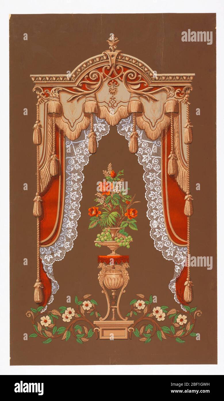 Window shade. Paper coated with dark brown on both sides. Center design of griffon tripod supporting double vase containing grapes, red rose bouquet and foliage. Above, arched tongue-and-dart molding from which fall double draperies of red and gray, fringed, and lacy curtains. Stock Photo
