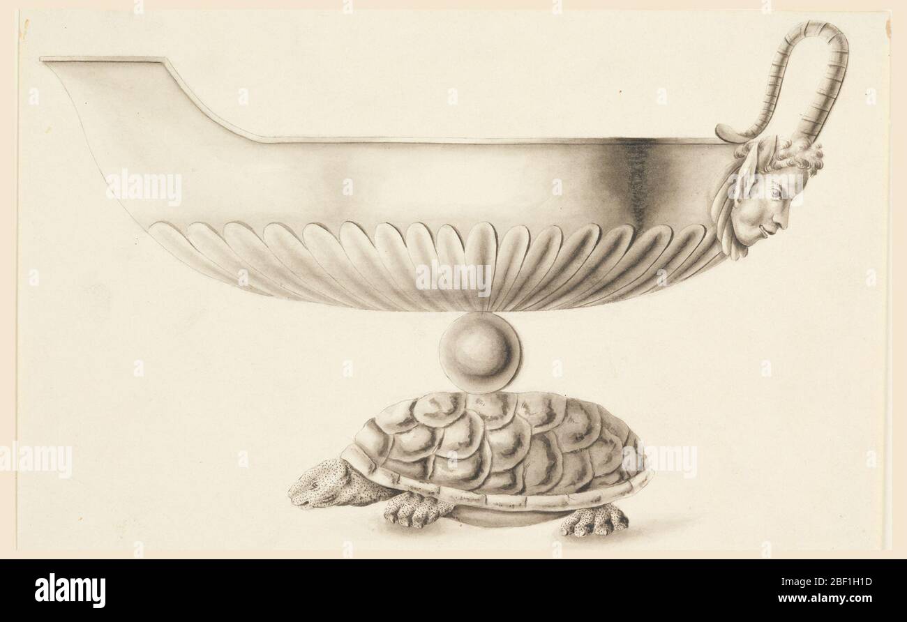 A Sauce Boat. Side view; boat supported by a globe and a turtle. The handle consists of two horns of a satyr mask. Spout is turned left. Stock Photo