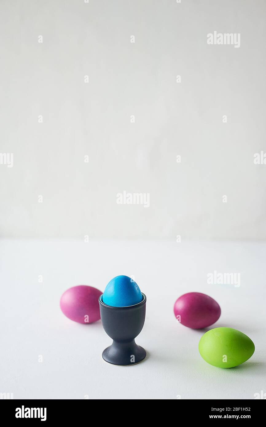 Painted multicolored eggs against a light background.Diet, protein, protein. Preparing for Easter. Stock Photo