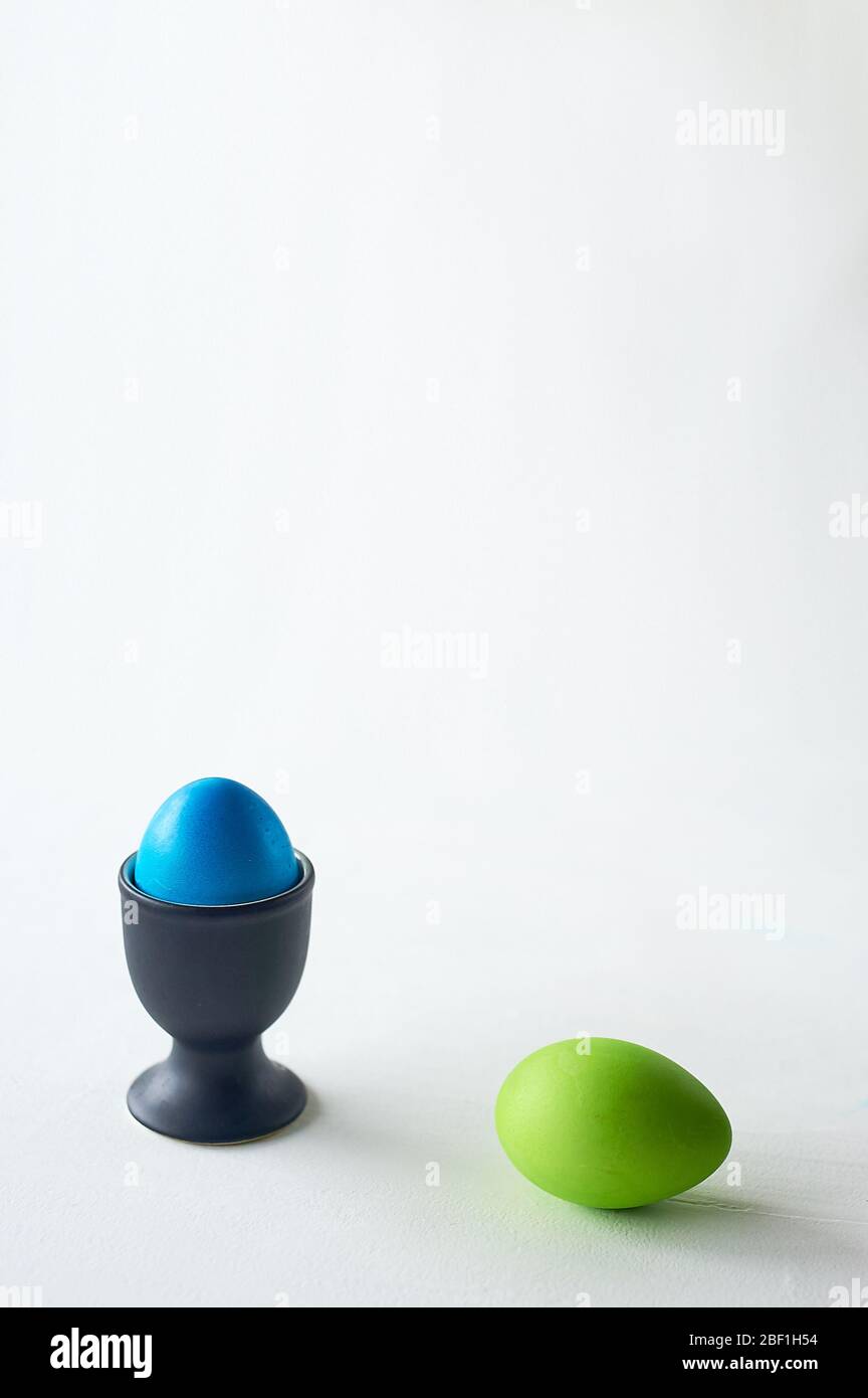 Painted multicolored eggs against a light background.Diet, protein, protein. Preparing for Easter. Stock Photo
