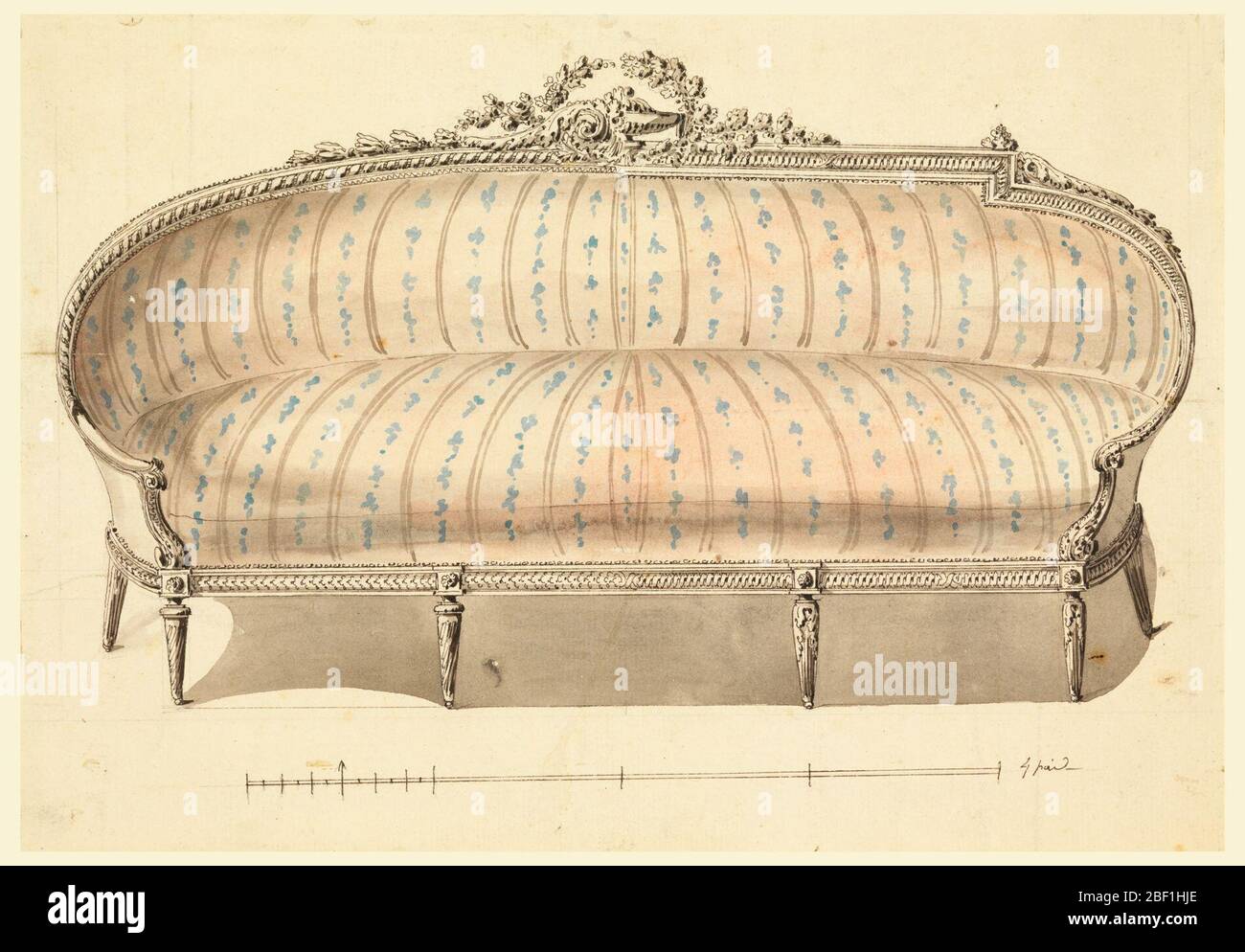 Design for Sofa with Alternative Suggestions. Sofa design in Louis XIV  style. Alternative decoration at top rail shows a cornucopia and beading at  left, urn and floral design at right. The legs