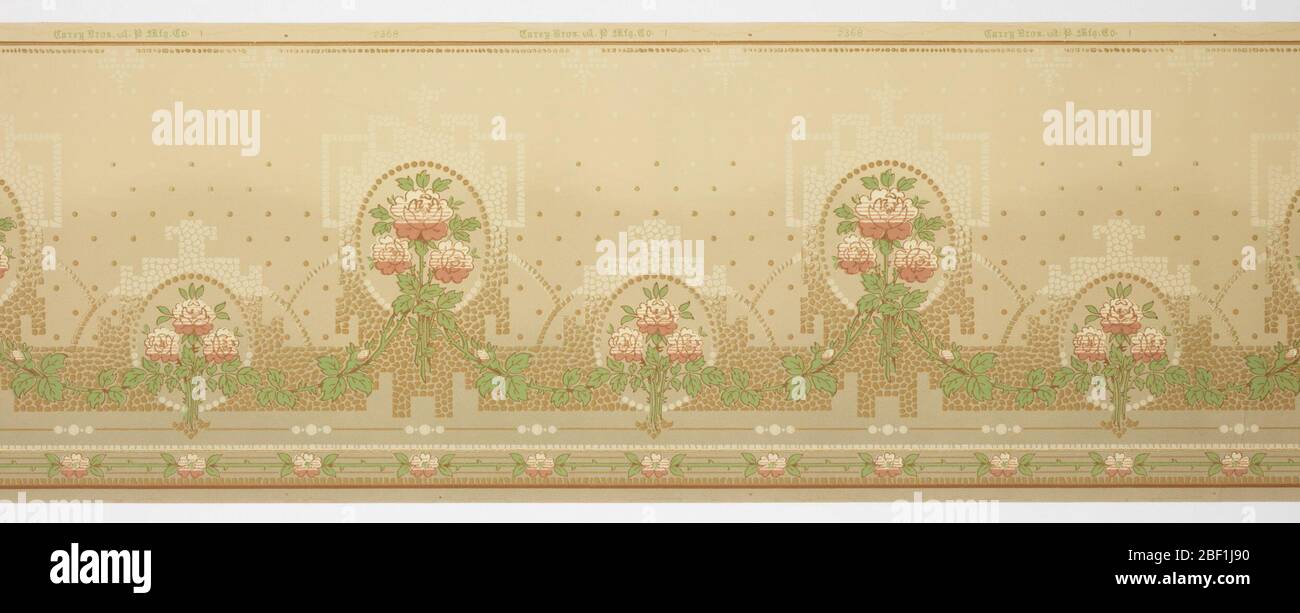Frieze. On beige ground, mosaic-like pattern in cream and light brown surrounding standing roses connected by green vines with leaves. Border below composed of single flowers connected by green vines. Stock Photo