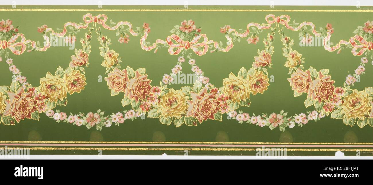 Frieze. Flitter frieze containing swags of roses hung from the vine-entwined ribbons with daisy chains linking the swags to a large ribbon of bows. There are stripes at the edge. Stock Photo