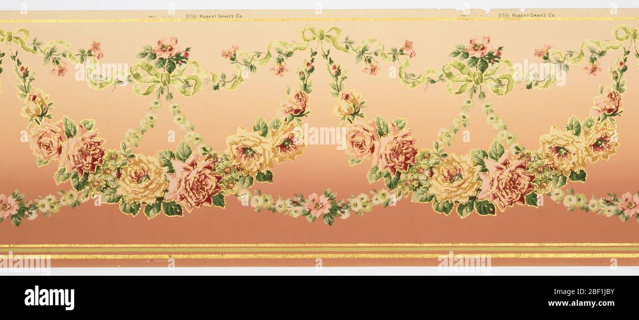 Frieze. Flitter frieze containing swags of roses hung from vine-entwined ribbons with daisy chains linking the swags to large ribbon bows. Stripes at the edges. Stock Photo