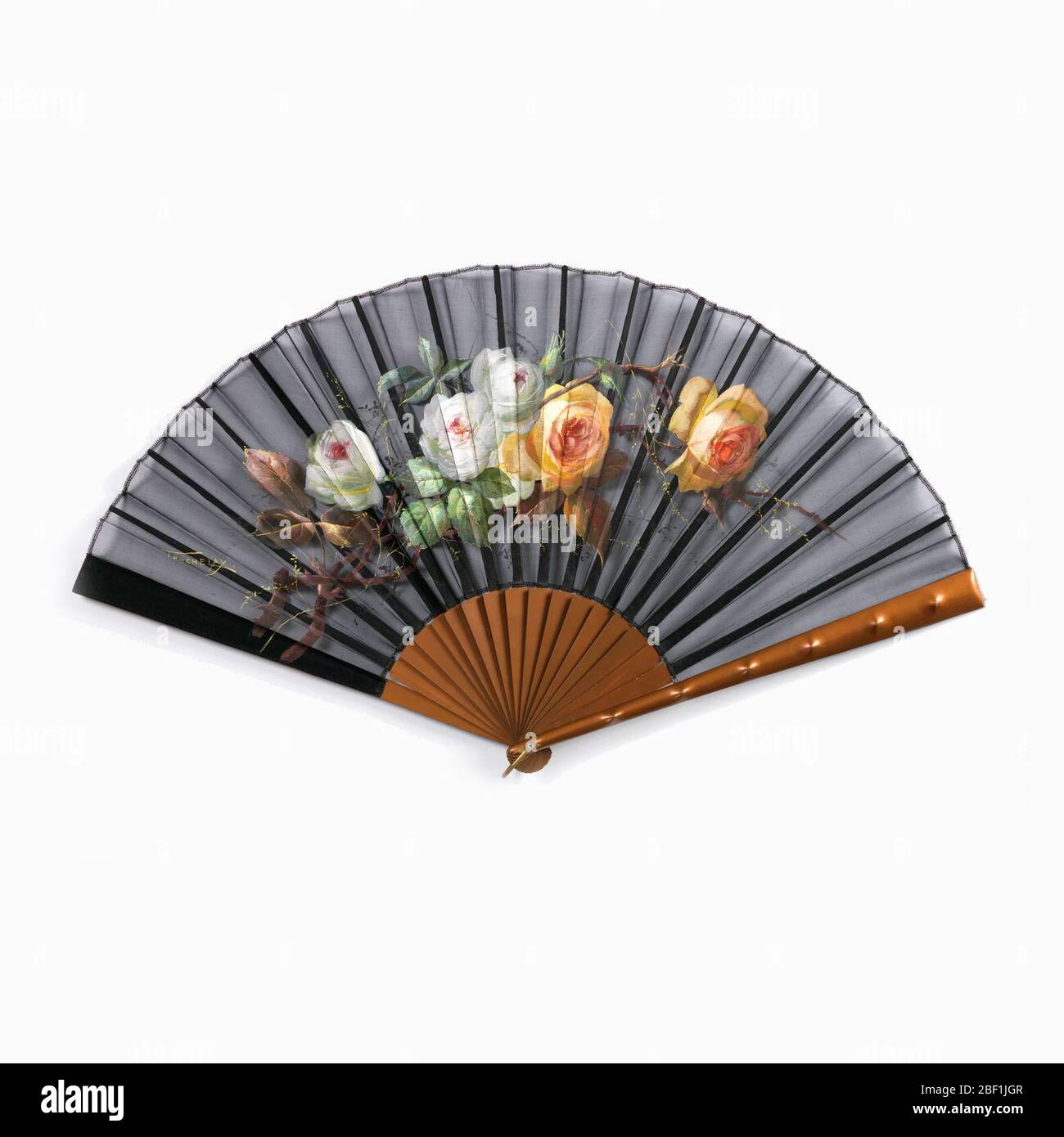 Pleated fan. Pleated fan with painted black gauze leaf. Obverse: painted sprig of white and Tea roses. Reverse: plain. Plain wood sticks gilded a rust color. Guards: with same finish as sticks; decorated with bumps imitating bamboo. Stock Photo