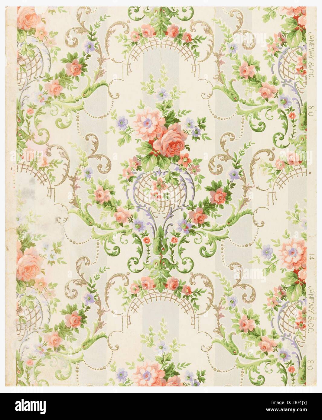 Sidewall. Modified rococo design of green and gold scrolls, sprays of roses are festooned over scrolls. The background is composed of two wide stripes, one gray and the other ivory. Printed on margin: '14, Janeway & Co., 810'. Stock Photo