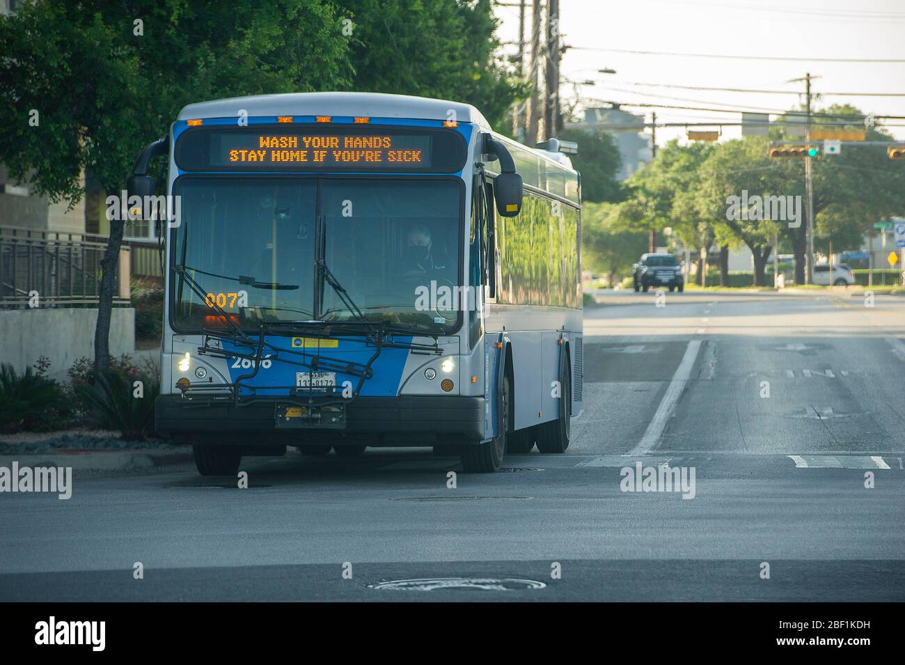 April 16, 2020: A Capital Metro Bus driver navigates with a facemask during working hours. Capital Metro confirmed Wednesday that a fifth employee tested positive for the coronavirus. Austin, Texas. Mario Cantu/CSM Stock Photo