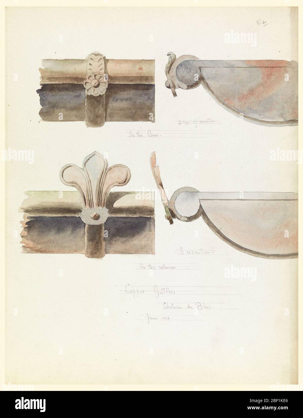 Two Copper Gutters from a 16thCentury Castle Blois France. Left, the brackets of two gutters are shown; upper decorated with a rosette and a leaf, lower decorated with the top part of a lily. Shown in profile with the closed ends of the pipes. Stock Photo