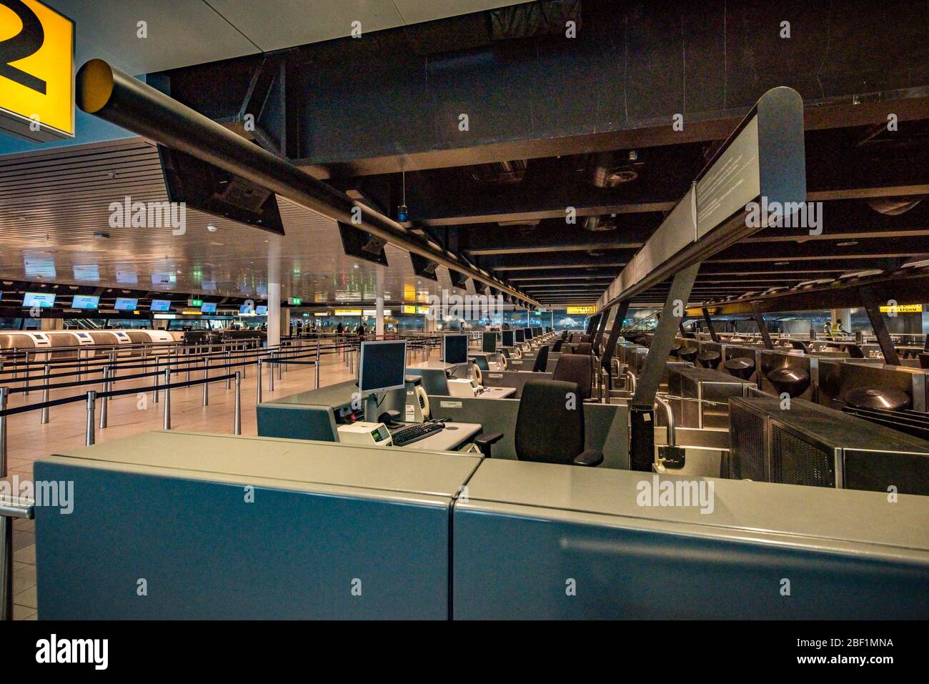 Amsterdam, Holland, April 2020 empty check in desks at Amsterdam Airport Schiphol  with no people at all Stock Photo
