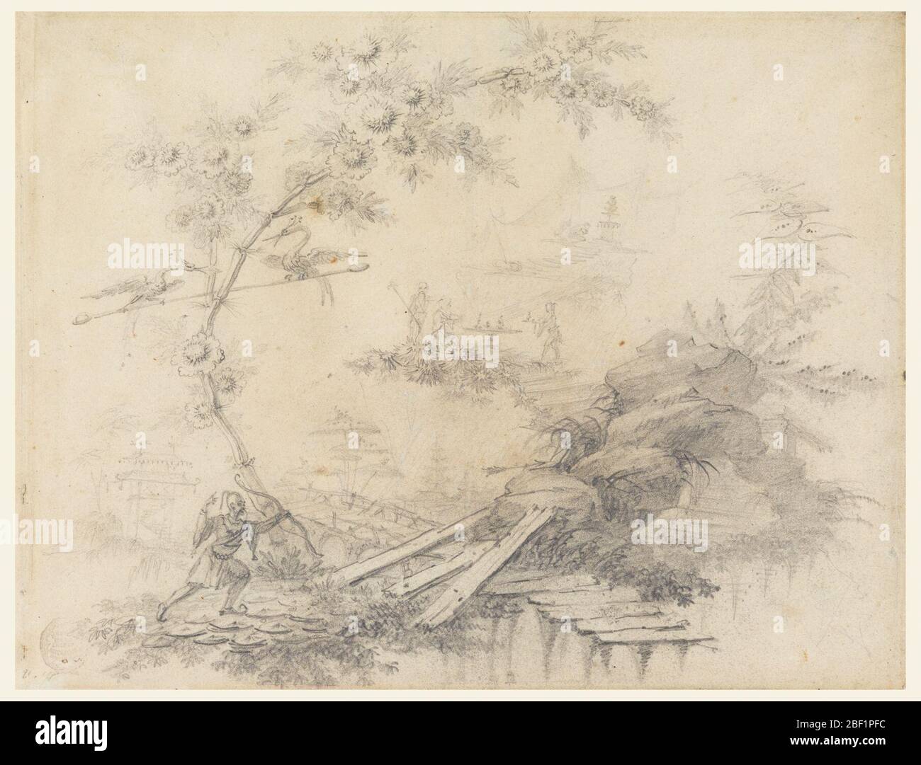 Chinoiserie Fantasy. A tree with two birds upon a pole is shown at left. A Chinese with a bow is running at its base toward some decayed planks leading to rock. Stock Photo