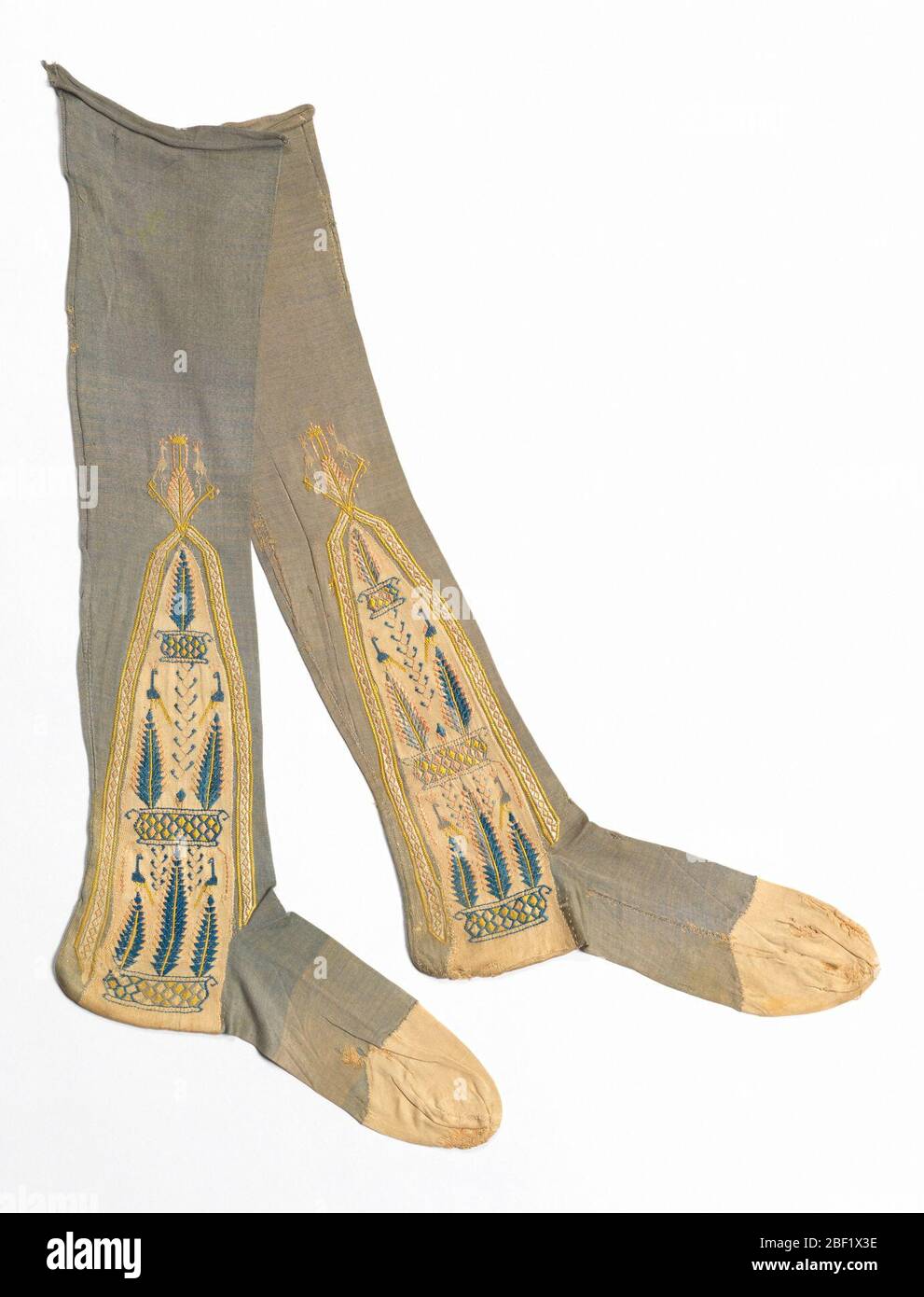 Pair of stockings. Pair of gray knitted silk stockings with embroidered ...