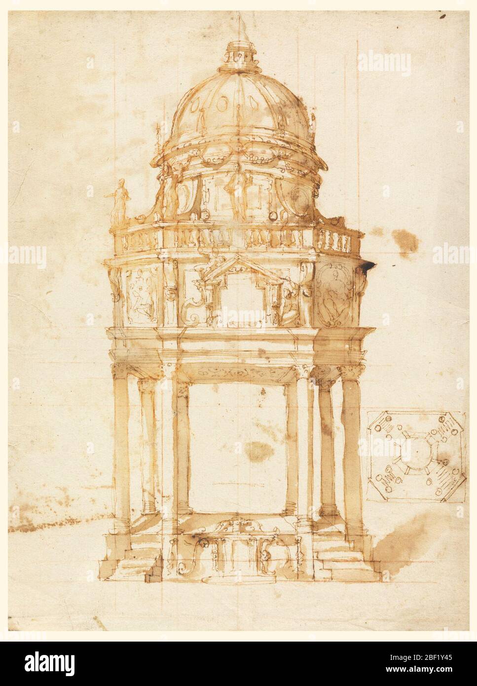 Design for a Catafalque. Drawing of elevation and plan. An octagonal pavilion, to which flights of stairs lead on the oblique sides. Straight ceiling and entablature. An attic, for the decoration of which alternative suggestions are made. Stock Photo