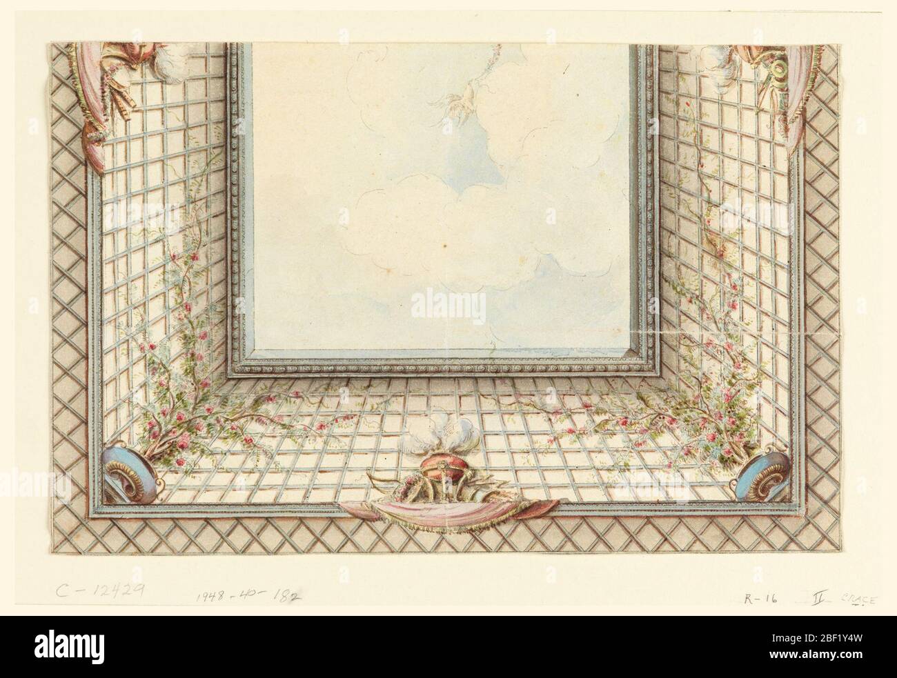 The Royal Pavilion, Brighton, Ceiling Design: a trellised balustrade,  opening to the sky, possibly for entrance hall, Frederick Crace, English,  1779–1859, Brush and watercolor, pen and black ink, graphite on white wove  paper, Perspective sky ceiling with ...
