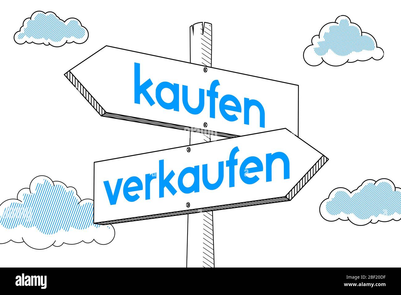 Kaufen, verkaufen (German)/ Buy, sell (English) - signpost Stock Photo