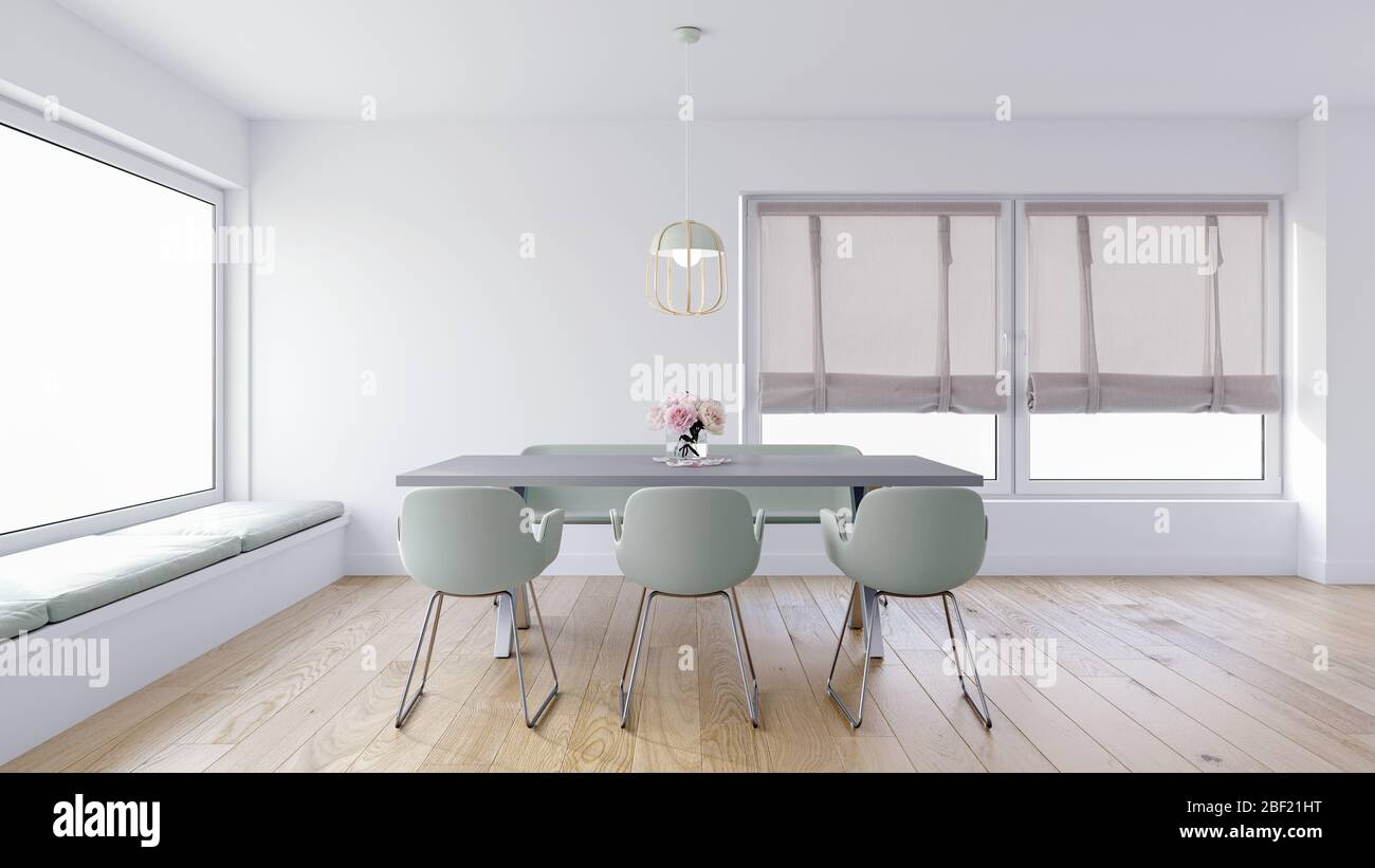 Modern Dining Room Mock Up With Comfy Upholstered Window Seats Large Window Nook Roman Blinds And Sage Green Chairs 3d Rendering 3d Illustration Stock Photo Alamy