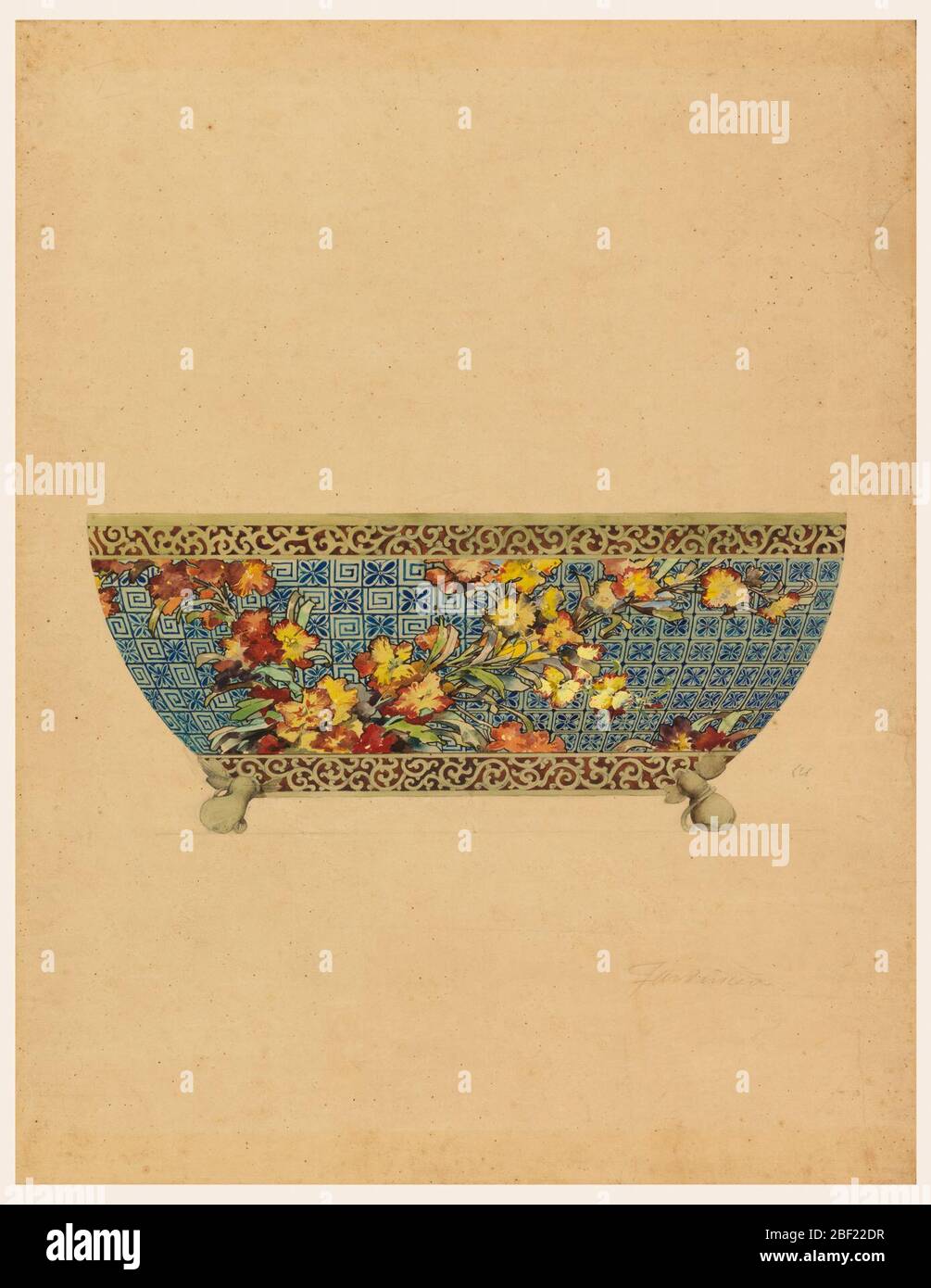 Design for a Jardinire. A jardinière decorated with plum blossoms on a blue and white diaper-patterned ground in imitation of a porcelain body with a scrollwork band imitating a tortoiseshell mount, around the upper edge and the base. Stock Photo