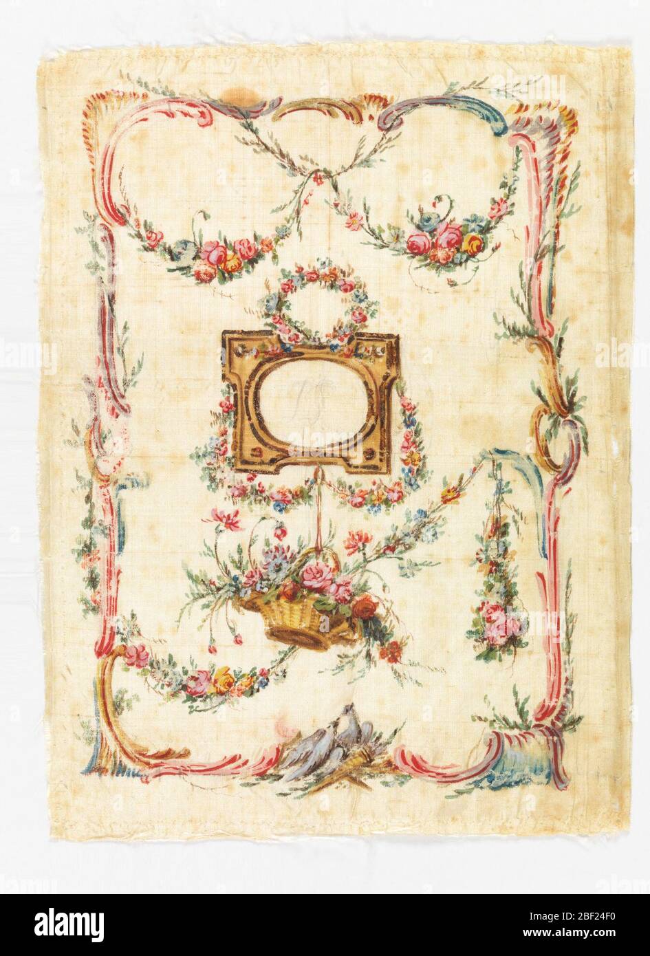 Unfinished pocketbook. Painted ivory silk taffeta panel for the sides of a pocketbook. Design has a frame with an oval opening (as for monogram) with a floral wreath above, and a basket of flowers dangling below. In a framework of swagged flower garlands. Stock Photo