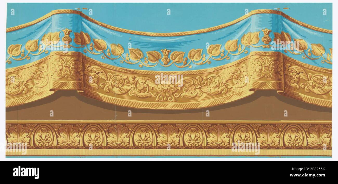 Frieze. Frieze with simulated festoon of drapery with embroidered border, above a simulated cyma reversa molding enriched with acanthus leaves and palmettes. Printed in blue, yellows, browns and orange. Horizontal rectangle. Stock Photo