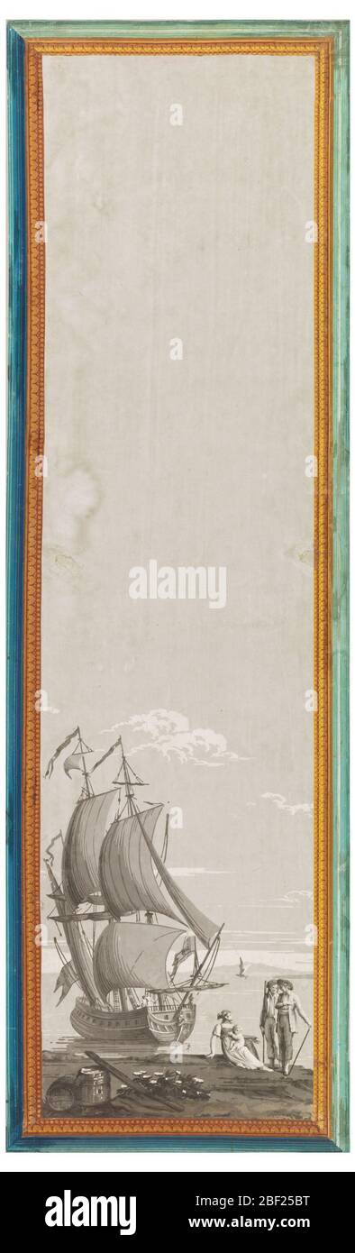 Les Portiques DAthenes. One of series, Les Portiques d'Athénes, Bay with mountains in distance; large sailing vessel close to shore; on shore, in foreground, two casks, two men and woman. Architectural border in yellow and blue. Stock Photo
