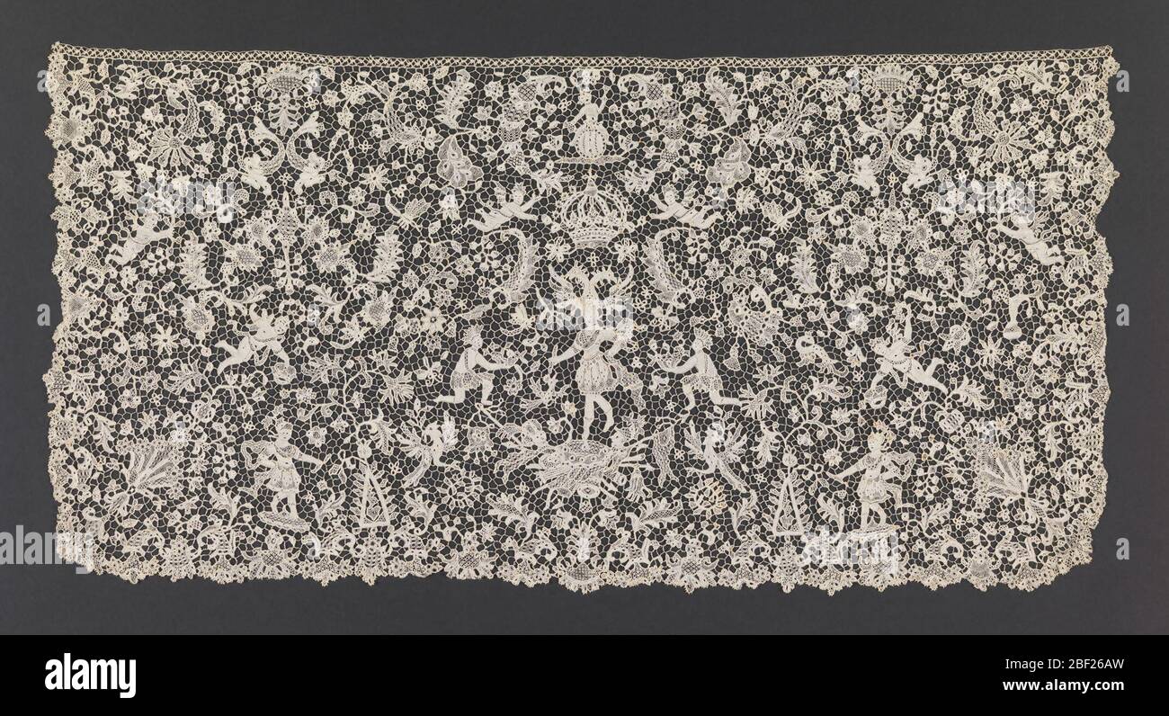 Cravat end. Needle lace cravat end with a delicate all-over floral design and figures, including a figure dressed as a warrior, wearing a helmet in form of a double-headed eagle, standing on a trophée flanked by kneeling warriors; the scene surmounted by a royal crown and surrounded by dolph Stock Photo