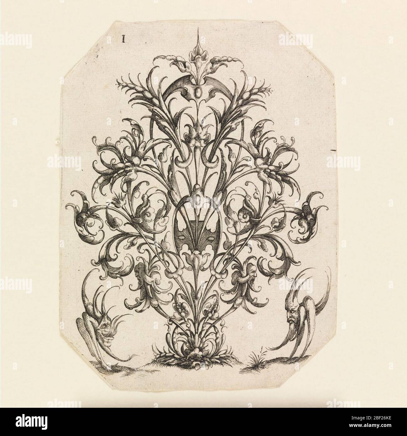 Plate 1 from Die Folge der phantastichen Scmuckstre Suite of Fantastic Ornamental Bouquets. Octagonal print showing a nosegay plant; two grotesque head-monsters flank the bottom of the plant; symmetrical arabesque motif with creatures. Stock Photo