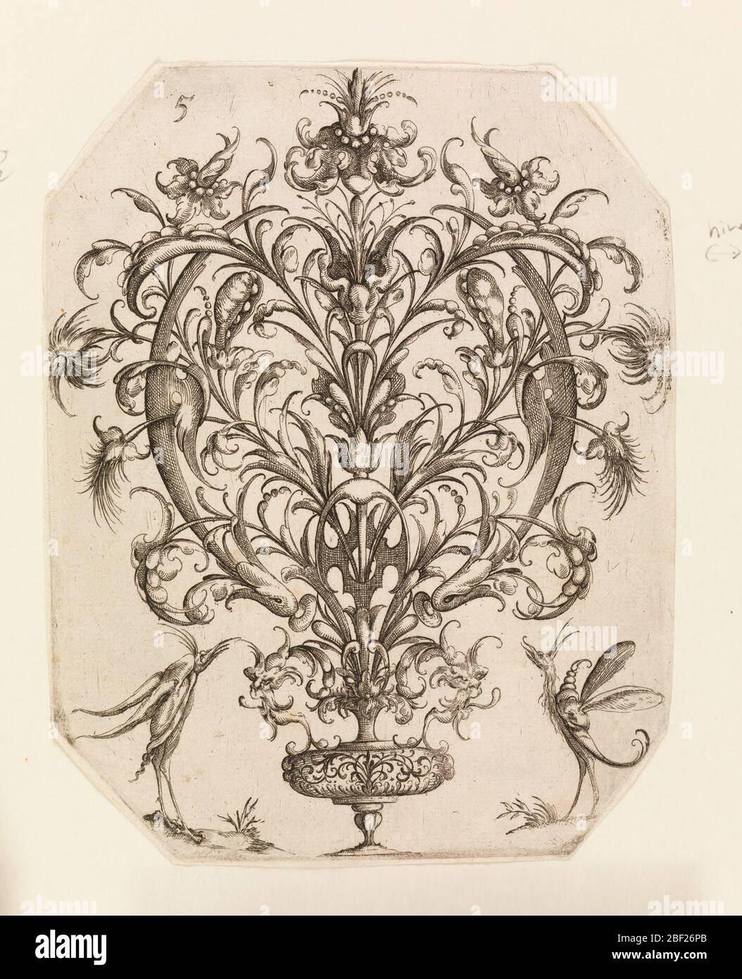 Plate 5 from Die Folge der phantastischen Schmuckstre Suite of Fantastic Ornamental Bouquets. Two grotesque birds flank the vase from which the nosegay rises. Stock Photo