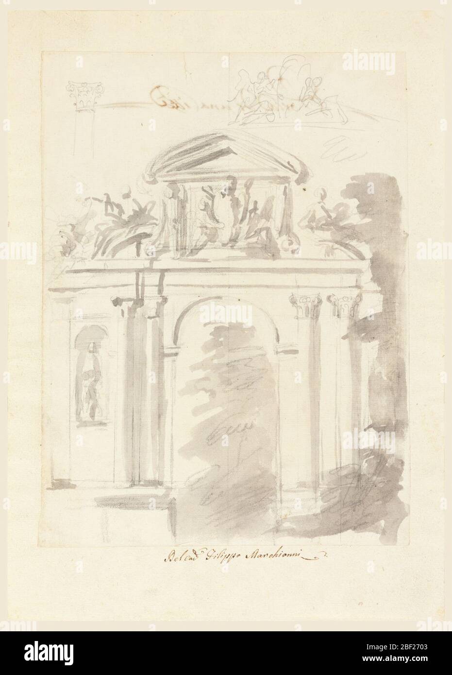 Frame for a town gate with alternate suggestions. Architectural detail of archway, two superficial Corinthian columns at left and right of open arch. Statue in recessed archway at left, facade of Greek temple above. Stock Photo