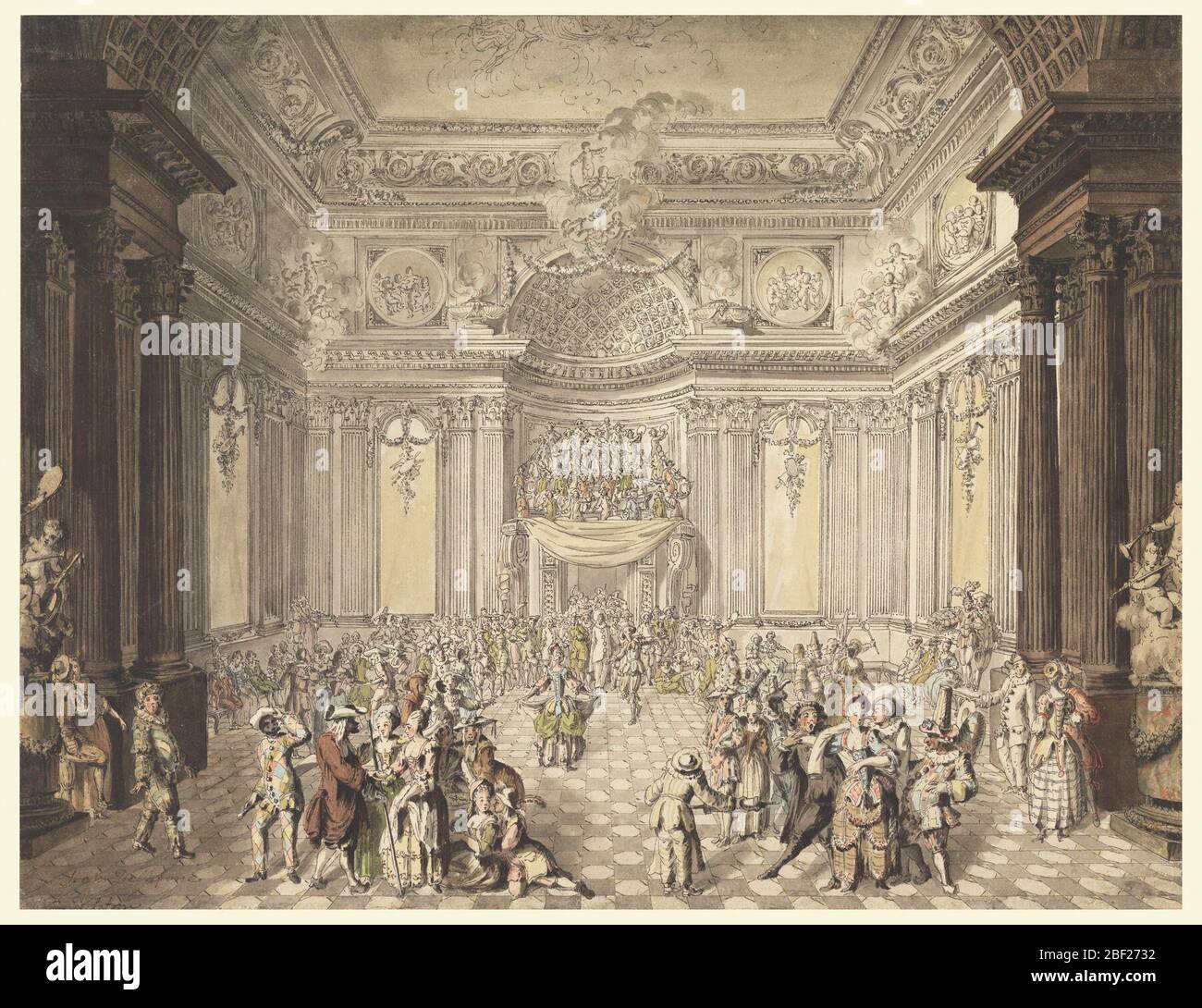 View of Masquerade Ball. Crowd in formal dress in highly ornate hall. Musicians on a loft over the door in the center rear. Stock Photo