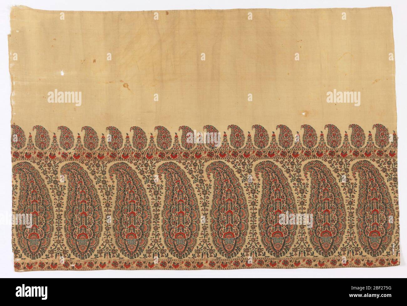 Shawl border. Fragment of a shawl border with an ivory colored field and a deep boder of boteh or paisley forms filled with tiny floral forms. Flanked top and bottom with a narrow band with a repeating design of carnations, alternating frontal and profile view. Stock Photo