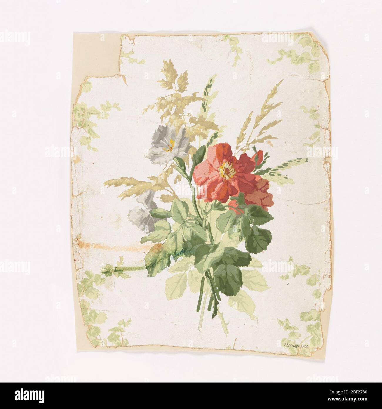 Sidewall. Bouquet of flowers: red roses, blue-gray carnations with green leaves, and yellow-green field grasses. Printed in colors on white satin ground. Stock Photo