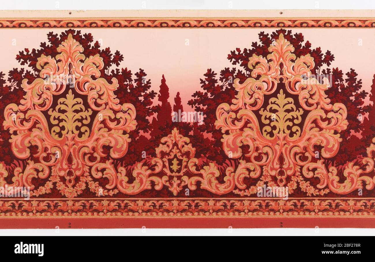 Frieze. Alternating large and small foliate medallions underneath which are floral swags with roses. Ornamental top band similar to egg and dart pattern. Beaded bottom band with additional ornament. Background is a stylized landscape. Stock Photo