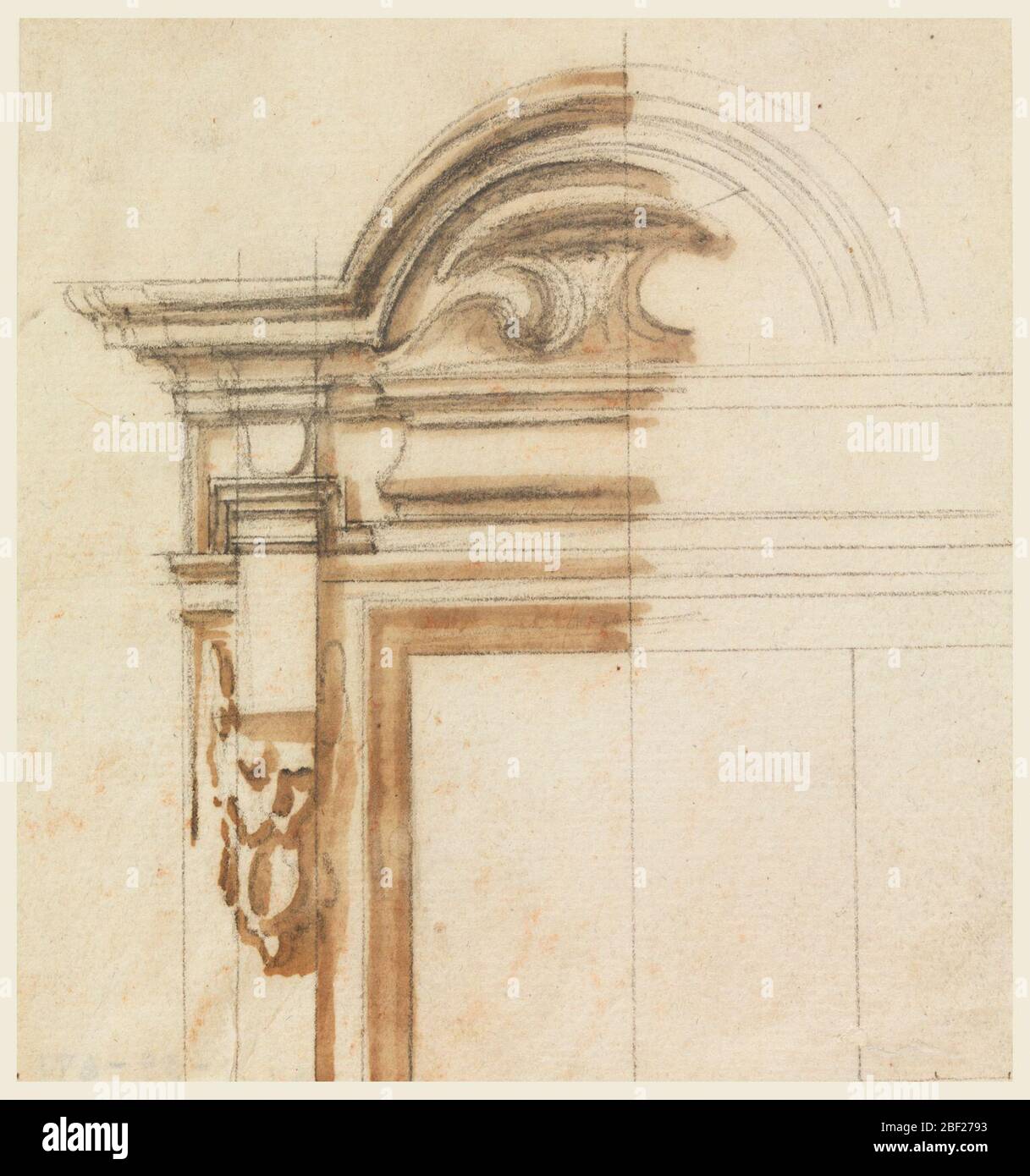 Window Case. Upper cornices form a circular pediment in the width of the  window frame. The console supporting the entablature ends below with a mask  Stock Photo - Alamy